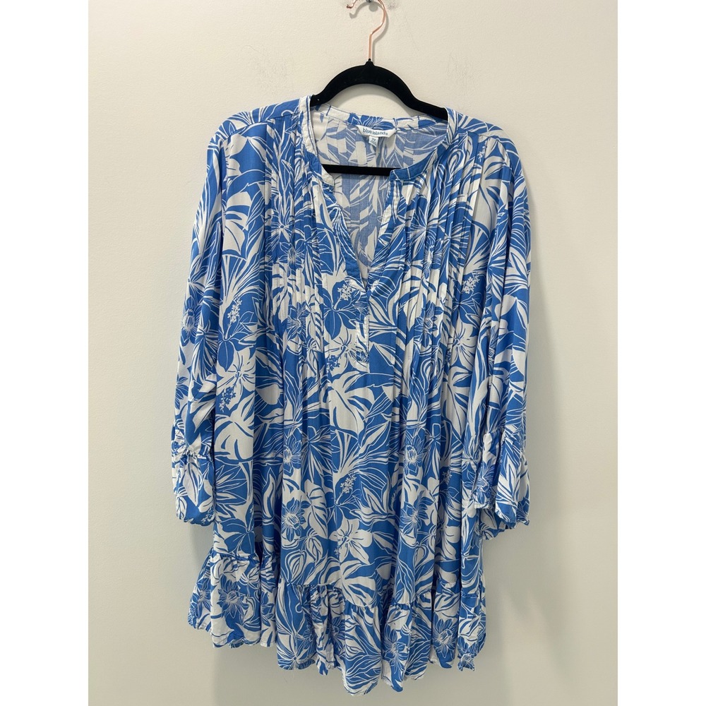 Blue Island Floral V-Neck Boho Ruffle Mini Peasant Dress Blue White 2X 5932X-234